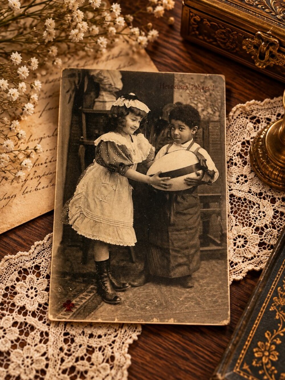 Antique French Easter Postcard “Heureuses Pâques!” Children & Easter Egg
